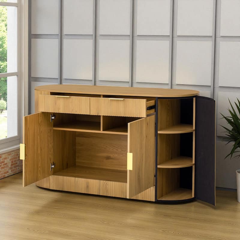 Modern 55.1" Storage Cabinet with Curved Doors, 2 Drawers & Side Shelves, Stripe MDF Buffet Console Table