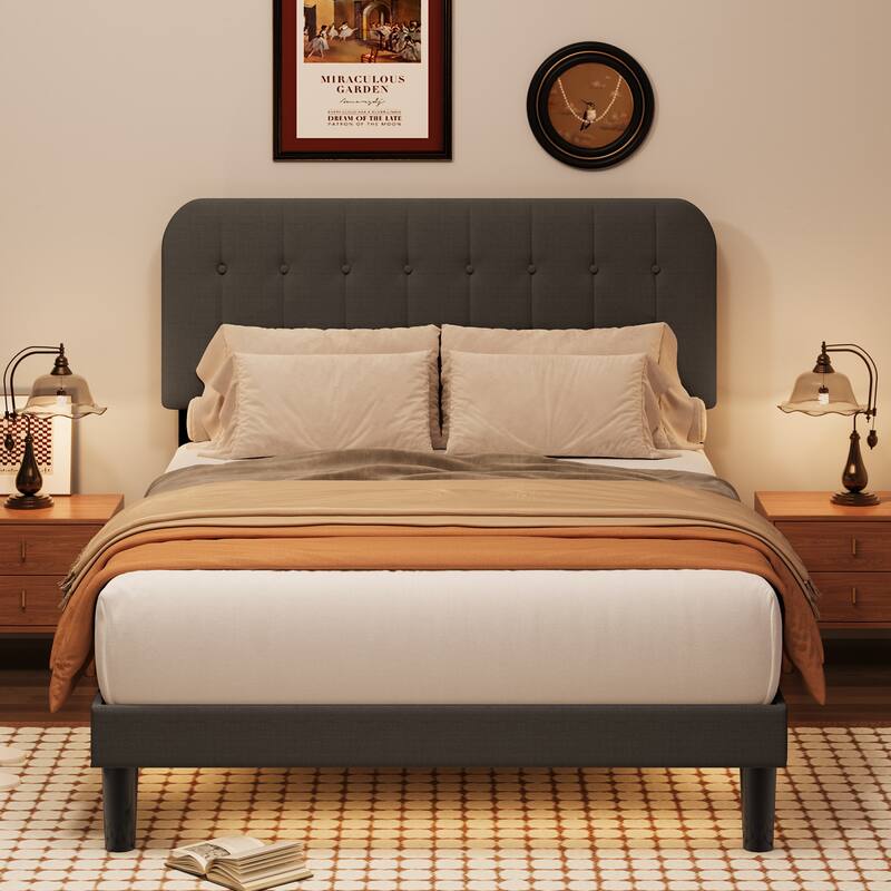 Full / Queen / King Bed Frame with Headboard, Upholstered Platform Bed with Sturdy Wooden Slats