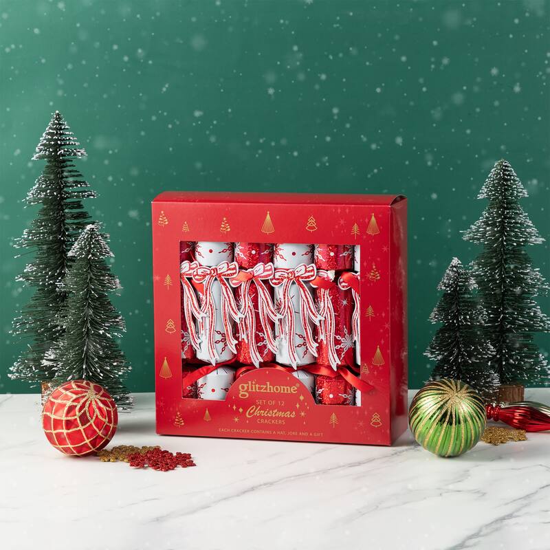 Glitzhome 24PK Christmas Candy Cane & Snowflake with Bow Party Crackers with Gift Contents