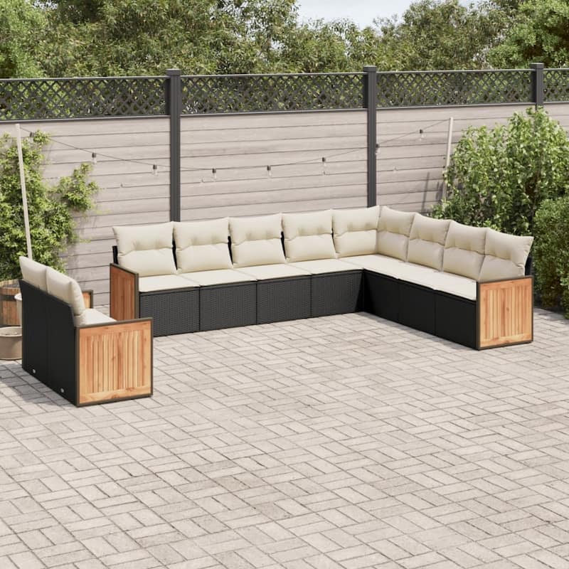 vidaXL Patio Sofa Set with Cushions Outdoor Conversation Furniture Poly Rattan - Black and Cream - 24.4 x 24.4 x 27.2