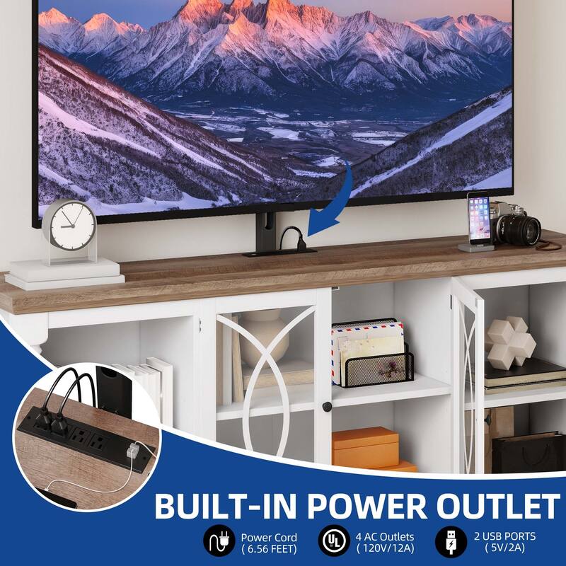 Moasis Farmhouse TV Stand with Mount for 32-70 Inch TVs, Entertainment Center with Power Outlets & Tempered Glass Doors