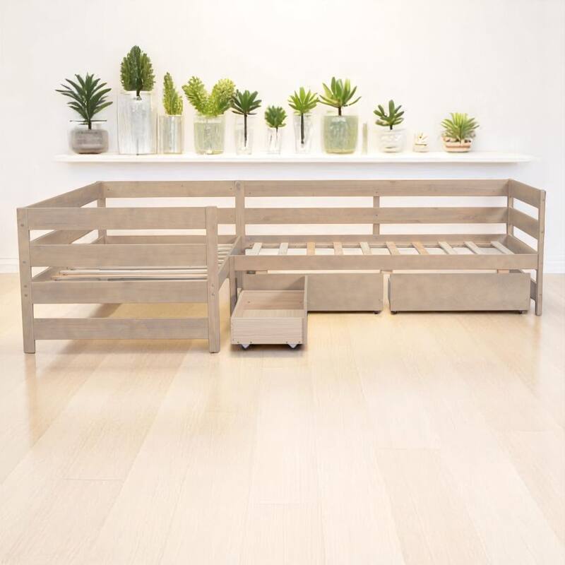 Twin L-Shaped Wooden Platform Bed with Storage Drawers - No Box Spring Needed, Space-Saving Layout