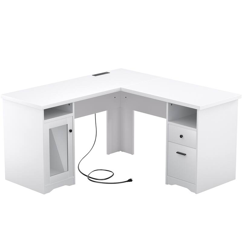 Modern Farmhouse L-Shape Desk with File Cabinet and Drawers, Homer Office Executive Desk with Charge Station