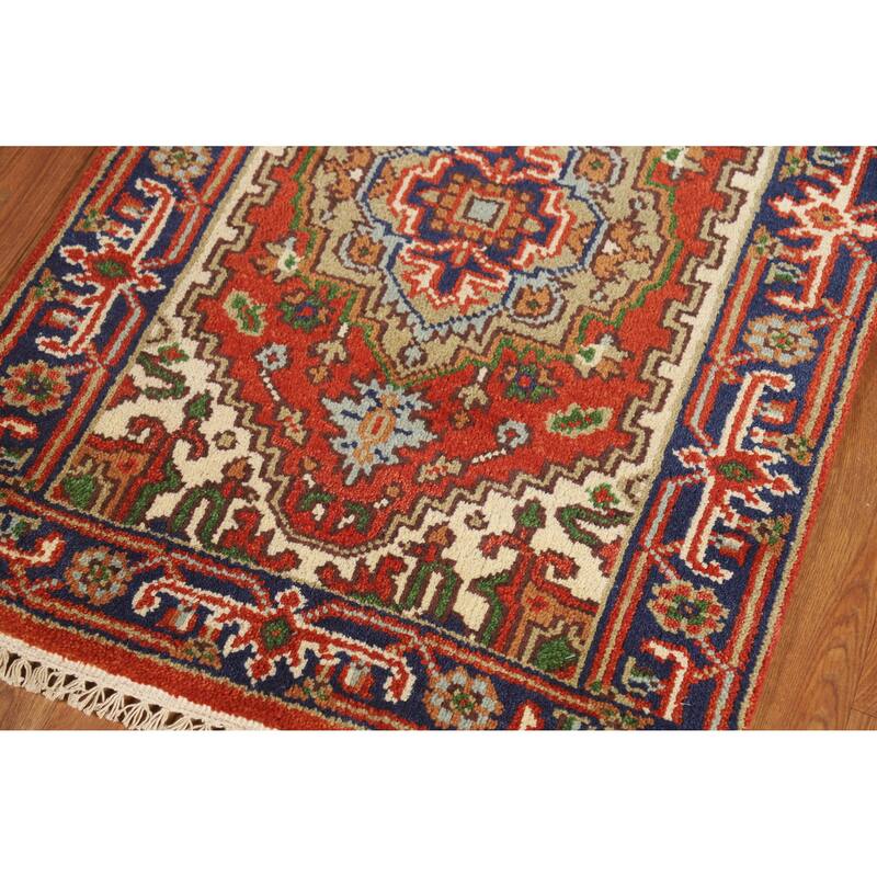 Hand Knotted Oriental 100% Wool Carpet Traditional Geometric Oranges & Rust Heriz (serapi) Runner Rug - 10' 0'' X 2' 6''