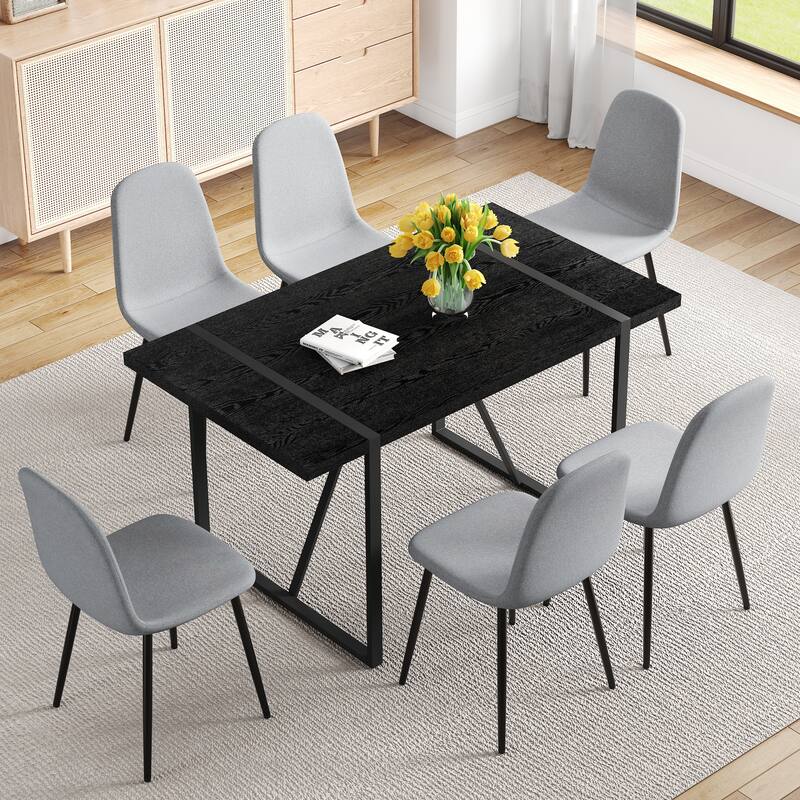 55-Inch Retro Rectangular Dining Table and Chair Set with Textured Tabletop, Includes 6 Linen-Cotton Dining Chairs