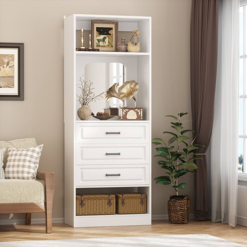 Cimly 25'' Freestanding Closet System with Drawers and Mirror, Display Shelves Organizer with Shelving