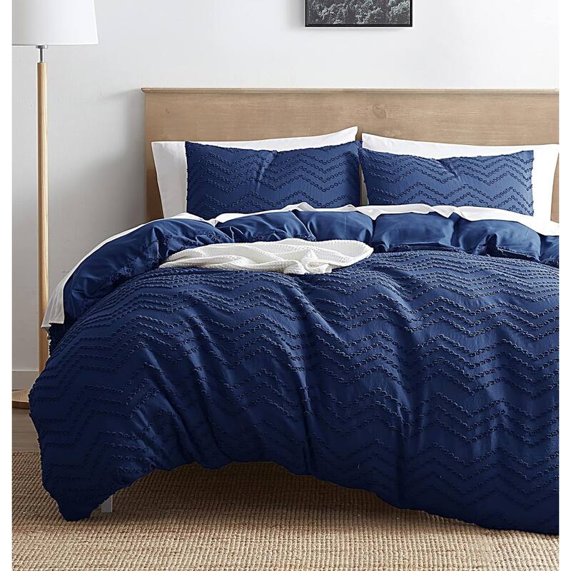 Empyrean Bedding Tufted Duvet Cover Set with Quilted Down Alternative Comforter Insert - Navy Blue - Chevron - Queen