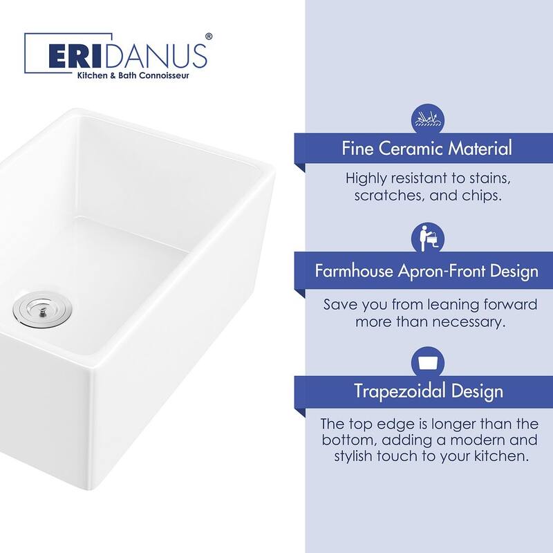Eridanus Denbigh Farmhouse Apron 24" x 16" Crisp White Kitchen Sink
