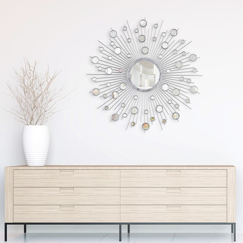 "Milkyway I" Bling Round Wall Mirror with Silver Metal Frame, Decorative Mirror - 36 x 36