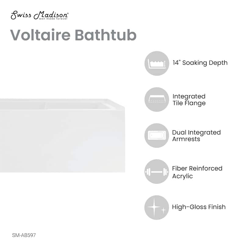 Voltaire 48 X 30" Right-Hand Drain Alcove Integrated Armrest Bathtub With Apron - 48x30 Right