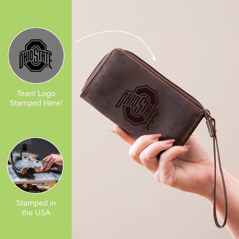Brown Leather Cell Phone Wristlet Wallet, Ohio State University - 4" x 7"