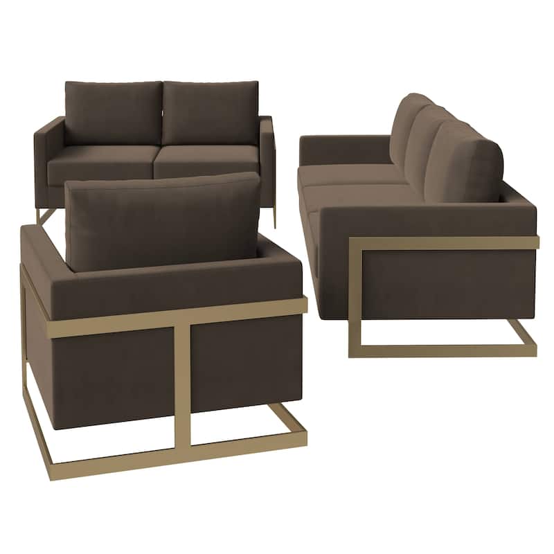 3-Piece Velvet Sofa Set with Gold Stainless Steel Base and Removable Cushions