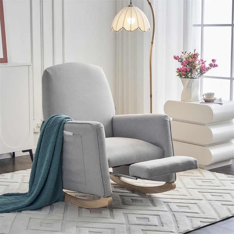 Cotton Linen Fabric Rocking Chair With Adjustable Footrest