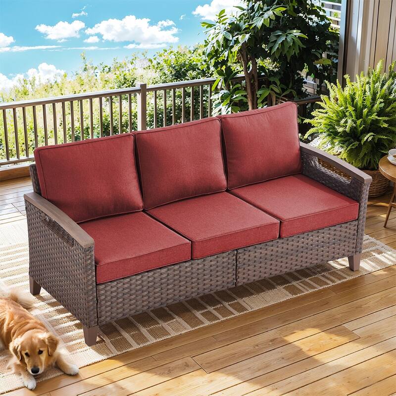 Outdoor Wicker 3 Seater Sofa with Deep Seating - Brwon Wicker Grey Cushion