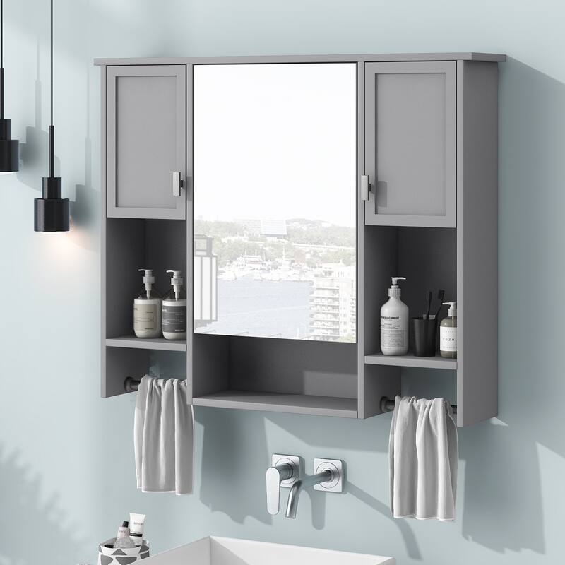 GDFStudio - Auburn Modern Wall-Mounted Bathroom Storage Cabinet with Mirror and Towels Bar - 35'' x 28''