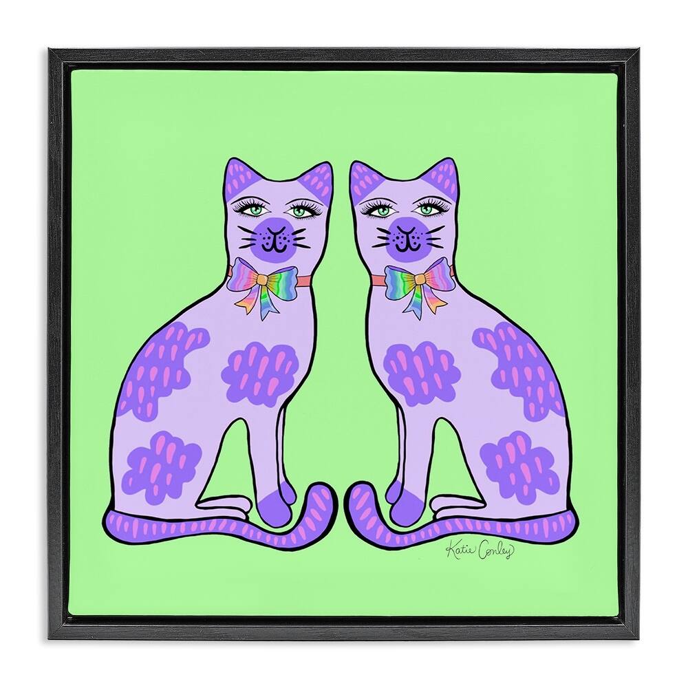 Stupell Purple Cats on Green Framed Floater Canvas Wall Art Design By Katie Conley