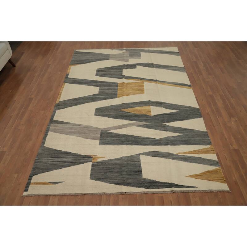 Hand Woven Oriental 100% Wool Carpet Southwestern Modern Beige & Ivories Kilim Area Rug - 10' 0'' X 6' 7''