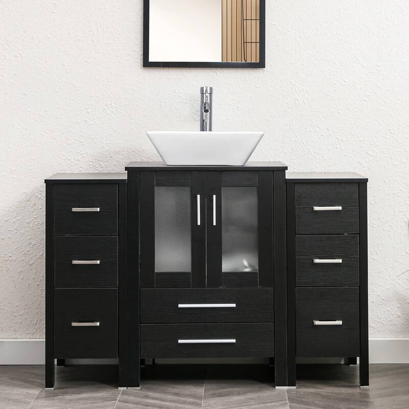 48" Bathroom Vanity Set Vessel Sink Faucet W/ Small Cabinet Combo - white ceramic square sink - Black