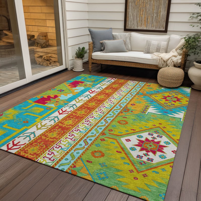 Machine Washable Indoor/ Outdoor Boho Tribal Chantille Rug - Teal - 10' x 14'