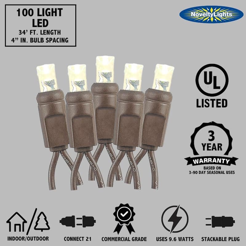 100 Light LED Christmas Mini Light Set, Patio Light, Warm White, Brown Wire, 34’