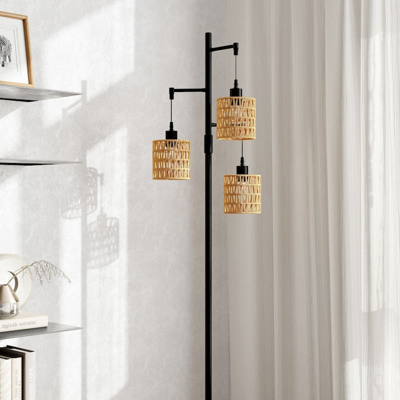 Boho 3-Light Tree Floor Lamp With Rattan Drum Shades