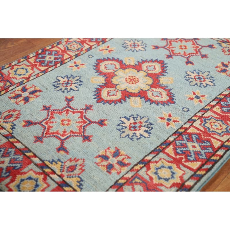 Light Blue Geometric Kazak Oriental Foyer Rug Hand-Knotted Wool Carpet - 2'0" x 3'0"