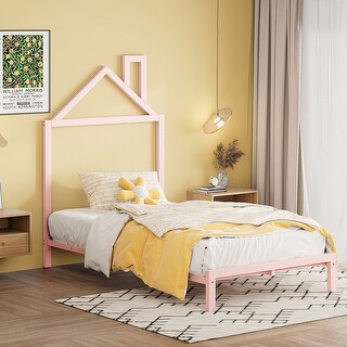 Twin Size Metal Platform Bed with House-Shaped Headboard Design