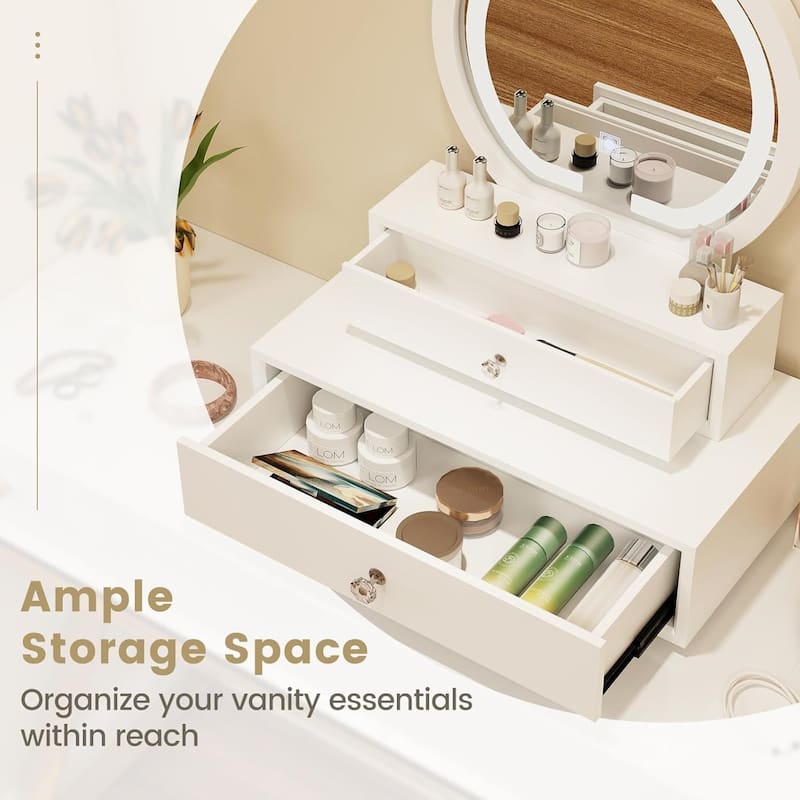 White Tabletop Lighted Mirror w/ Drawers Desktop Makeup Mirror
