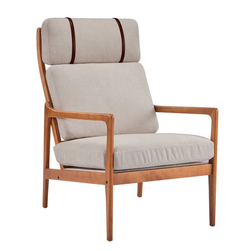 Mid Century Modern Accent Armchair, Solid Wood Frame with High Back, Beige Upholstered Cushions, Ergonomic Lounge Chair