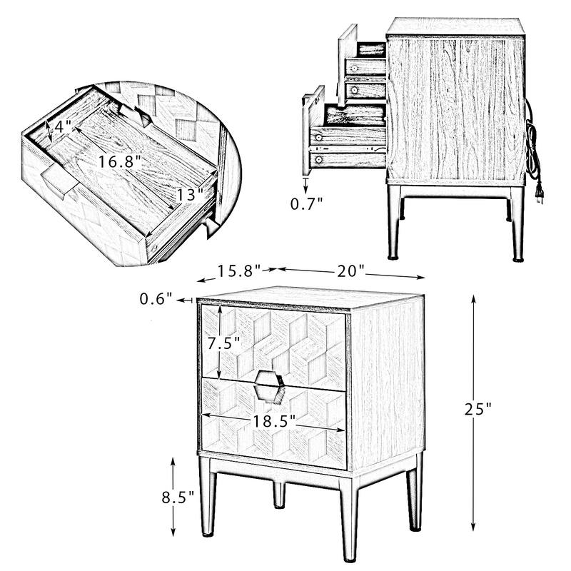 Apakah Modern 25"Tall 2-Drawer Nightstand with Charging Station and Adjustable Legs Set of 2 by HULALA HOME