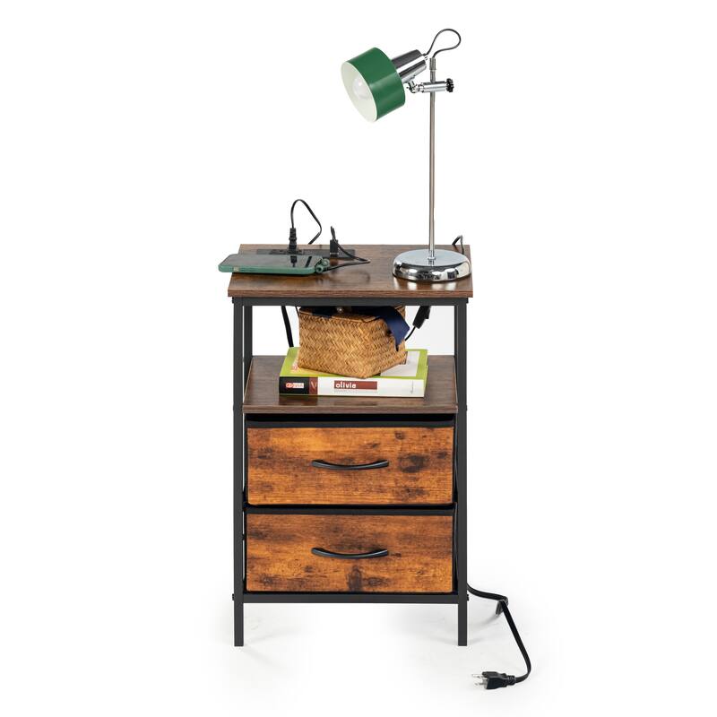 Homy Casa Industrial Nightstands Drawers, USB, Power Outlet Vintage