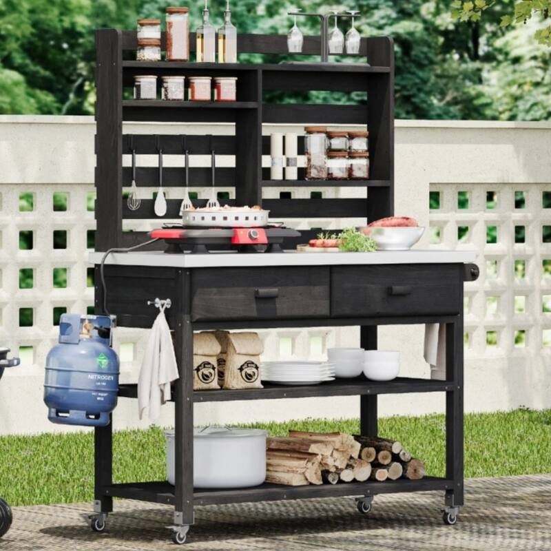 Roomfitters 64.9" Outdoor Potting Bench & Kitchen Island with Stainless Steel Top, Propane Rack & Lockable Wheels, Black