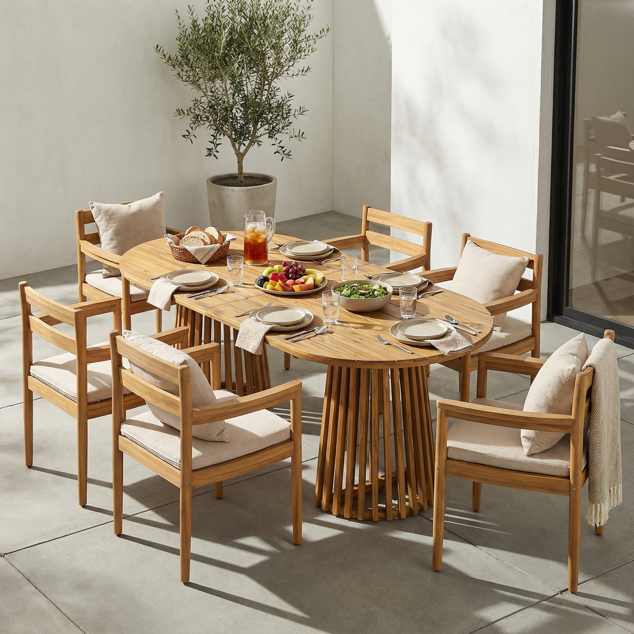 Christopher Knight Home - Modern Outdoor Acacia Wood Pedestal Dining Set with 83" Oval Racetrack Table & Curved Cushion Armchair