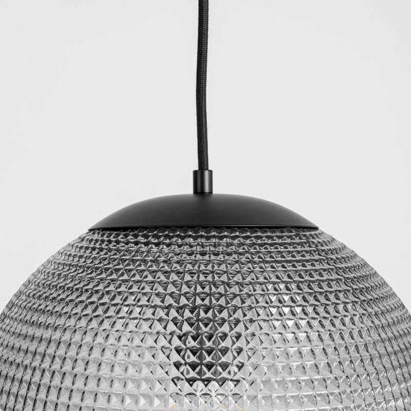 1-Light Modern Indoor Matte Black Finish Kitchen Island Pendant Lights with Globe Diamond Textured Grey/Clear Glass Shade