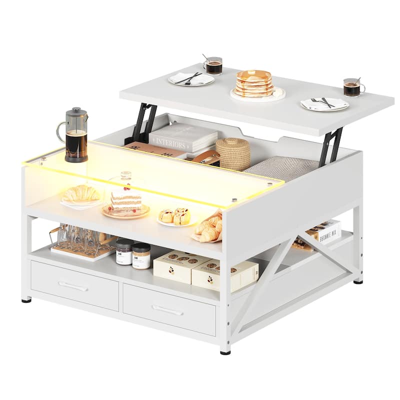 Coffee Table Lift Top 2 Drawers Hidden Compartment for Living Room