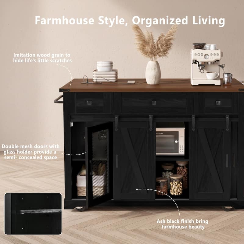 58" Farmhouse Kitchen Island with Drop Leaf, Sliding Barn Door, Power Outlet, and Rolling Storage Cabinets