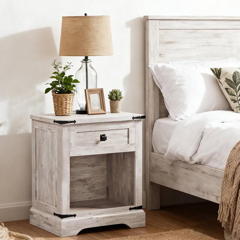Farmhouse Nightstand with Charging Station，Beside Table for Bedroom - Antique Brush