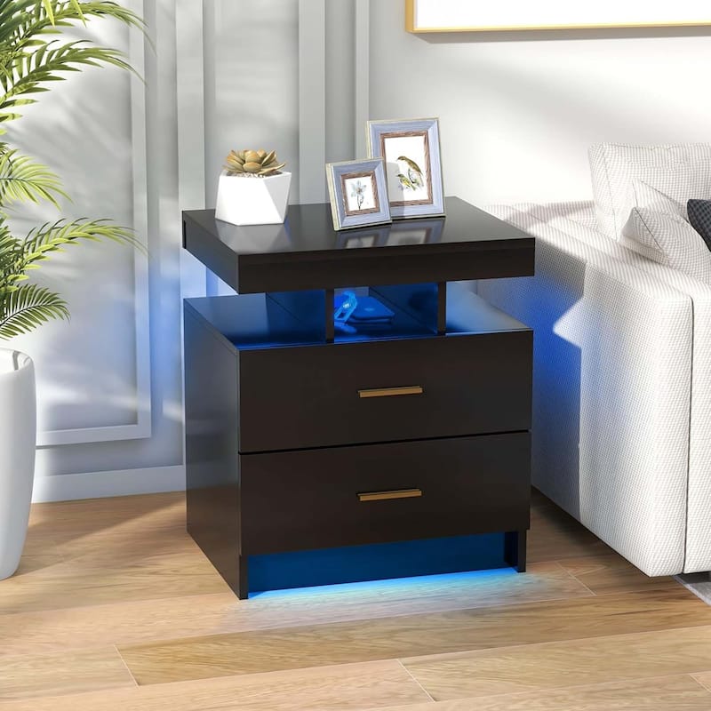 1/2PCS LED Nightstand w/ 2 Drawers Adjustable Light Remote Control