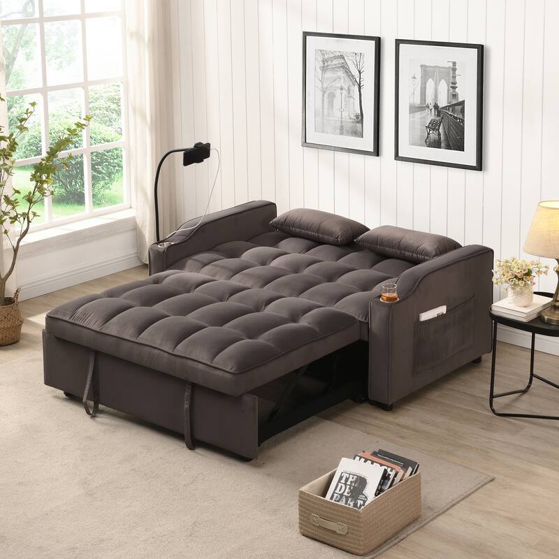 Charcoal Grey Velvet Sofa Bed with Trundle Full Size Convertible Adjustable Back USB Charging Easy Assembly - Charcoal grey