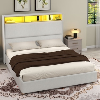53'' Tall Storage Wingback Headboard, Corduroy Upholstered Platform Bed Frame with Charging Station and RGB LED Lights