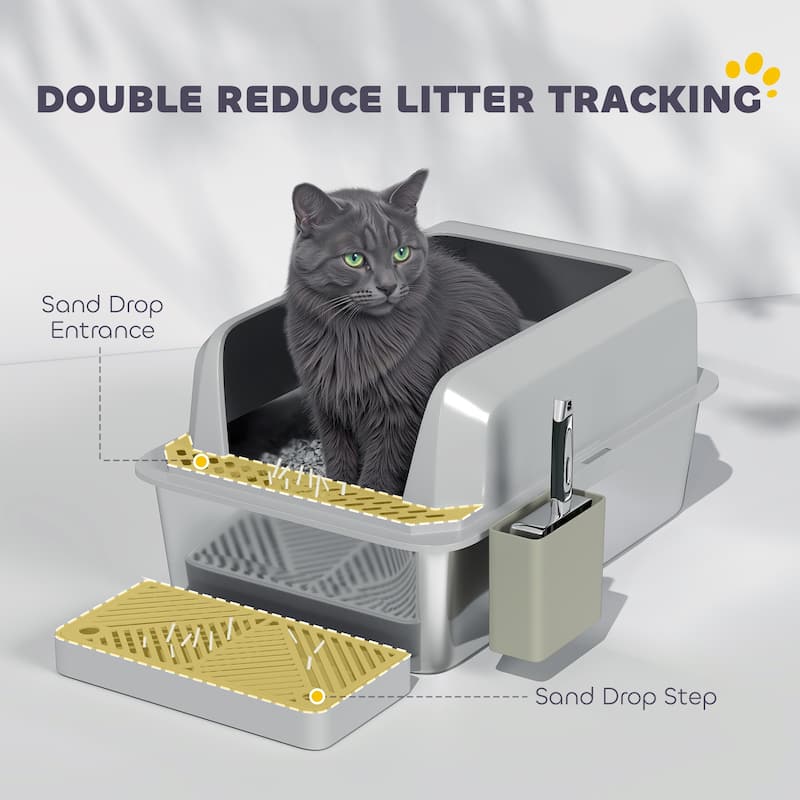 PawHut XL Stainless Steel Litter Box, Metal Litter Box High Sided, Anti-Urine Leakage, Non-Sticky, Light Gray