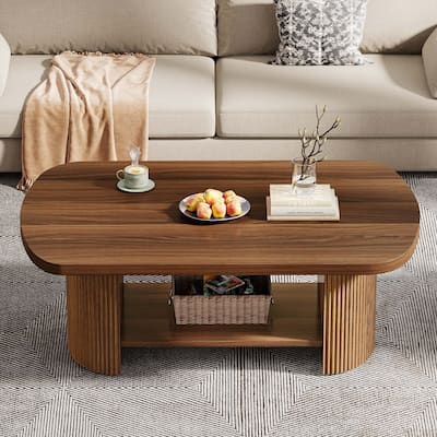 Rustic Coffee Table Wood Tea Table with Storage Shelves