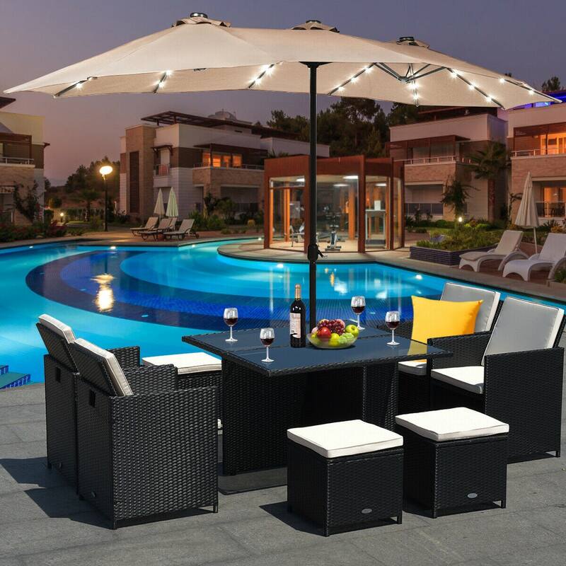15 Ft Patio LED Crank Solar Powered 36 Lights Umbrella - 15 Ft x 8 Ft (W x H)