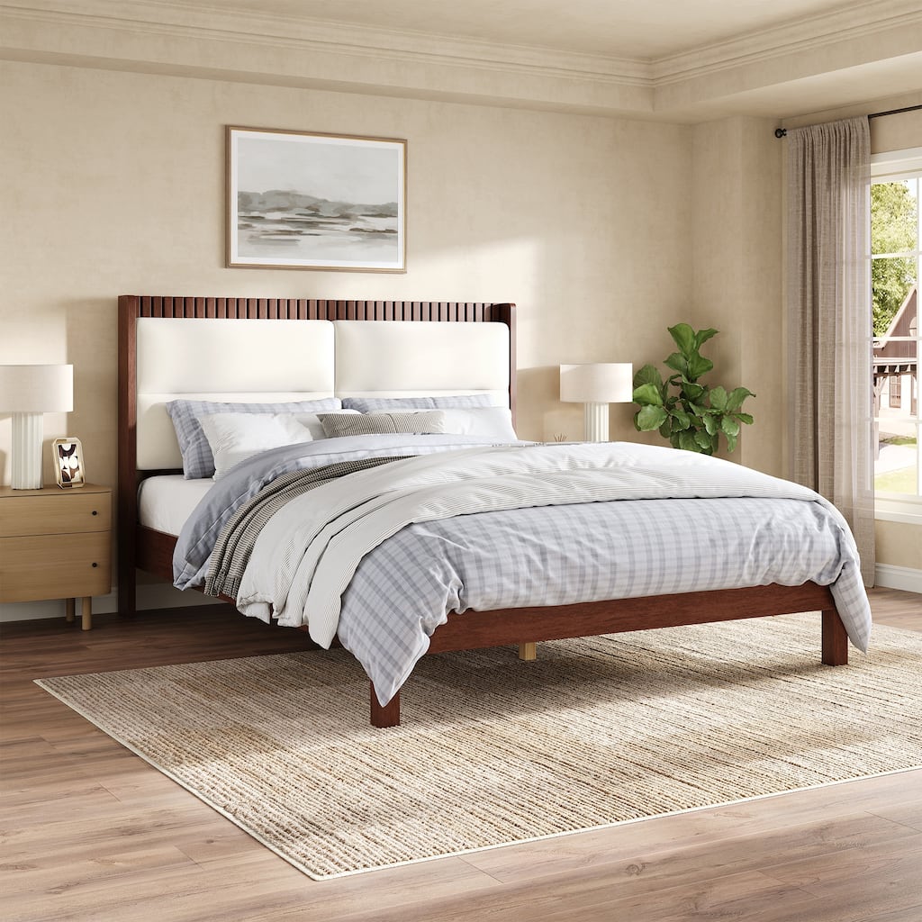 Queen/King Size Platform Bed Frame with Beige Velvet Headboard & Solid Wood