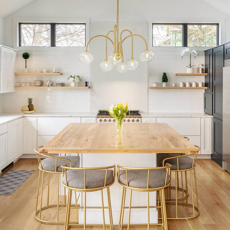 6-Light Modern Brass Chandelier with Clear Glass Globes - Contemporary Ceiling Light for Living Room - 6 Light