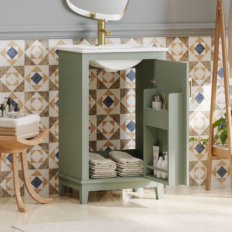 20 Inch Modern Small Bathroom Vanity Cabinet With Ceramic Basin,Ample Storage,1 Soft Close Doo