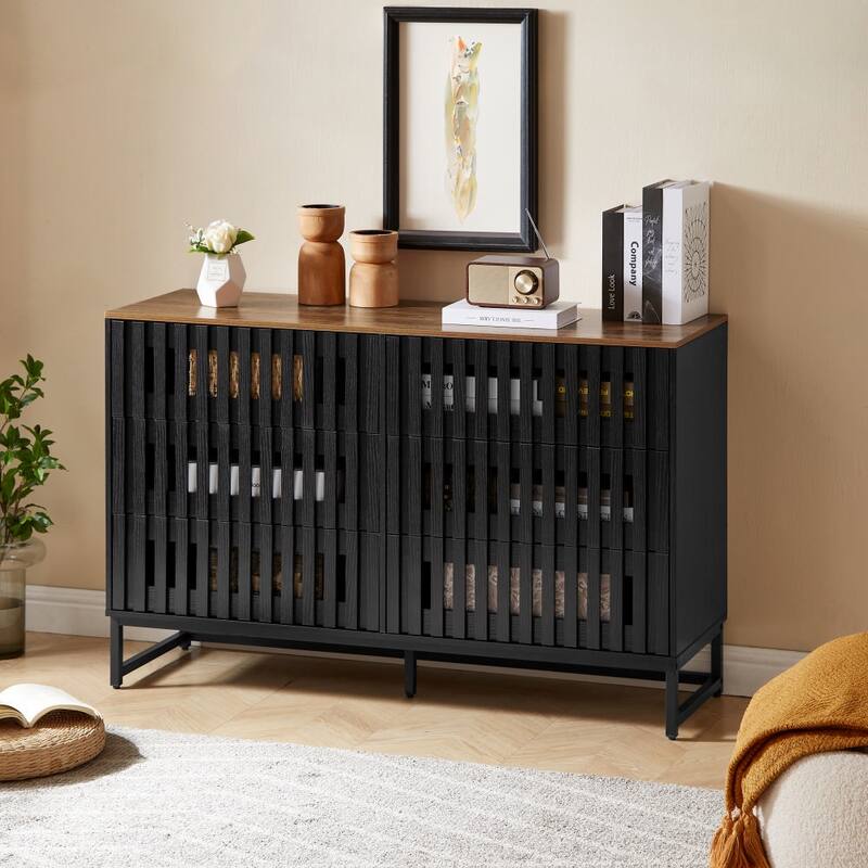 Modern Style 6-Drawer Double Dresser with Slatted Grille Striped Drawer and Hollow Caving, Wood Finish Top - Black+Brown