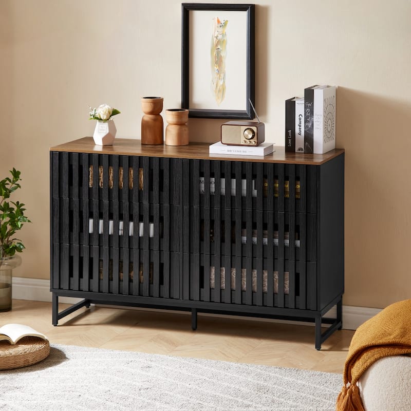 Modern Style Dressing with Grille Stripe Door 3 Drawers and 4 Shelves, for Living Room, Dining Room Office - Beige