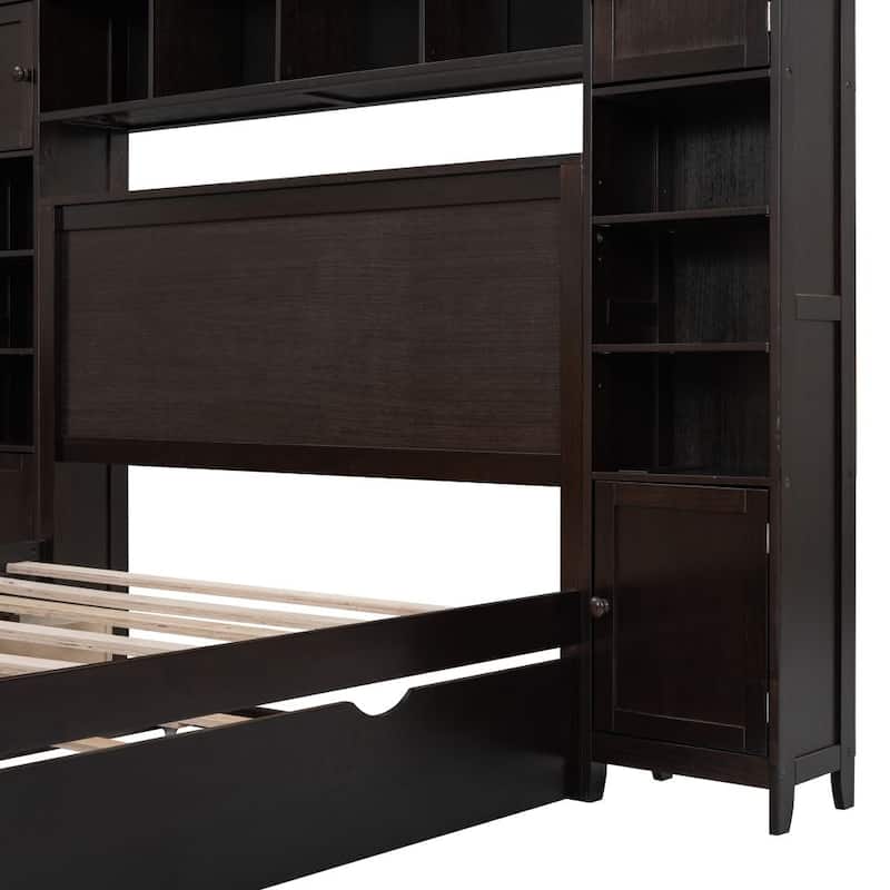 Full Size Wooden Bed With All-in-One Cabinet, Shelf and Sockets