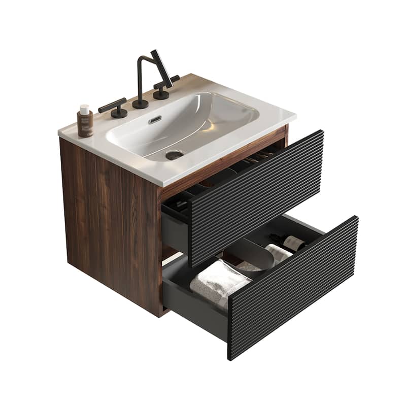24" Wall Mounted Soft Black & Walnut Bathroom Vanity with Integrated Ceramic Sink with Overflow, with 3 holes